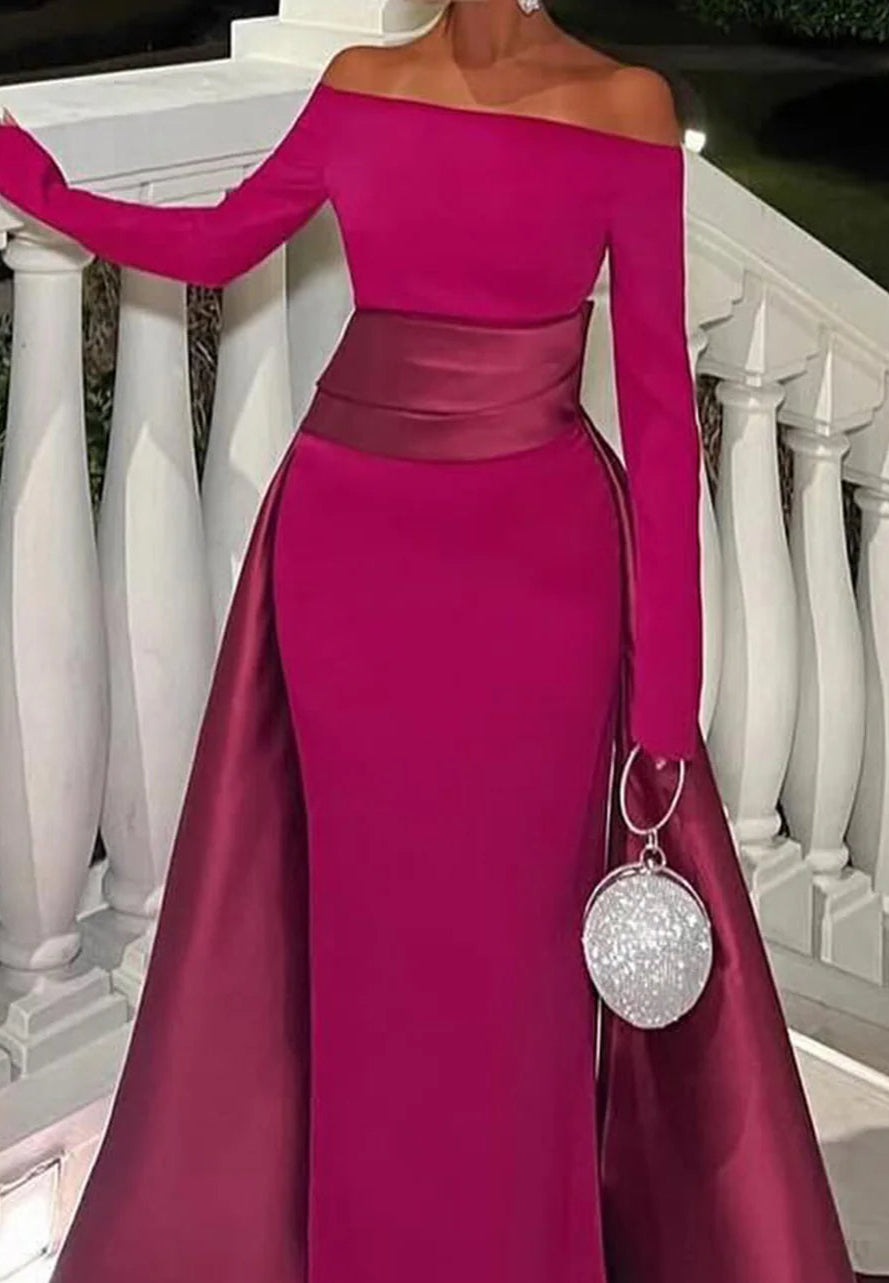 Elegantes schulterfreies Etui-Abendkleid mit langen Ärmeln